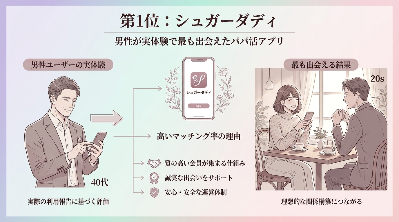 第1位：シュガーダディ、男性が実体験で最も出会えたパパ活アプリ