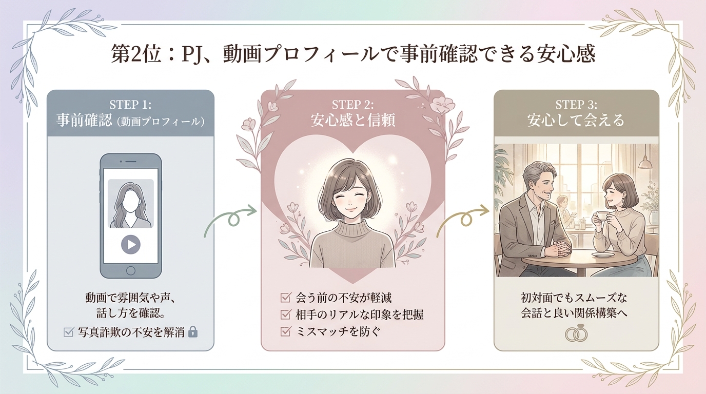 第2位：PJ、動画プロフィールで事前確認できる安心感