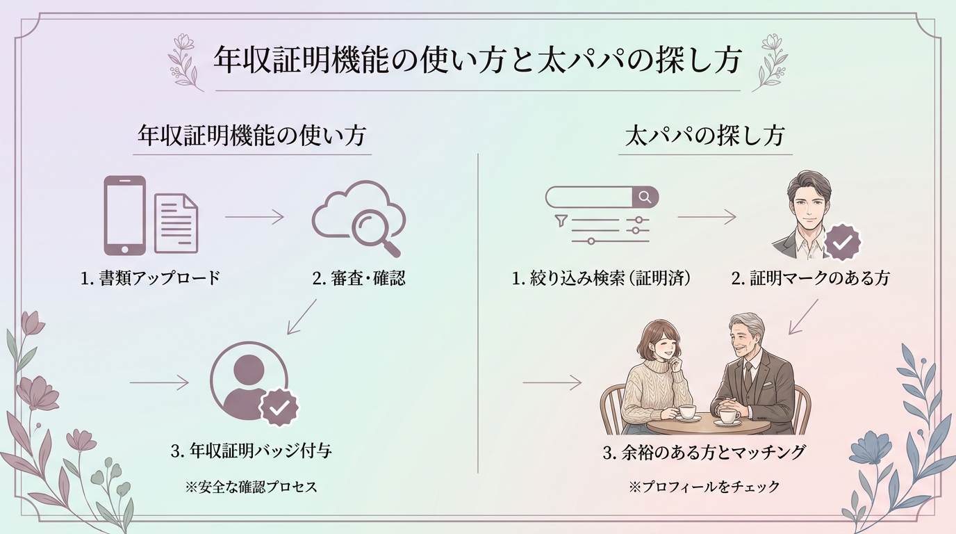 年収証明機能の使い方と太パパの探し方